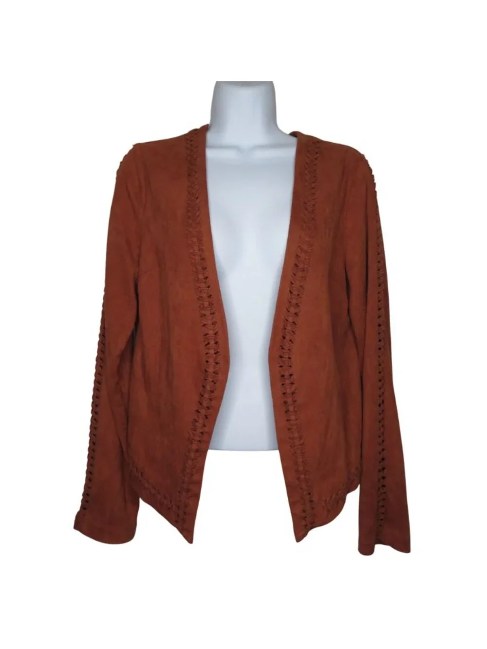 Gianni Bini Rust Faux Suede Open Front Jacket Intricate Braided Trim Long Sleeve